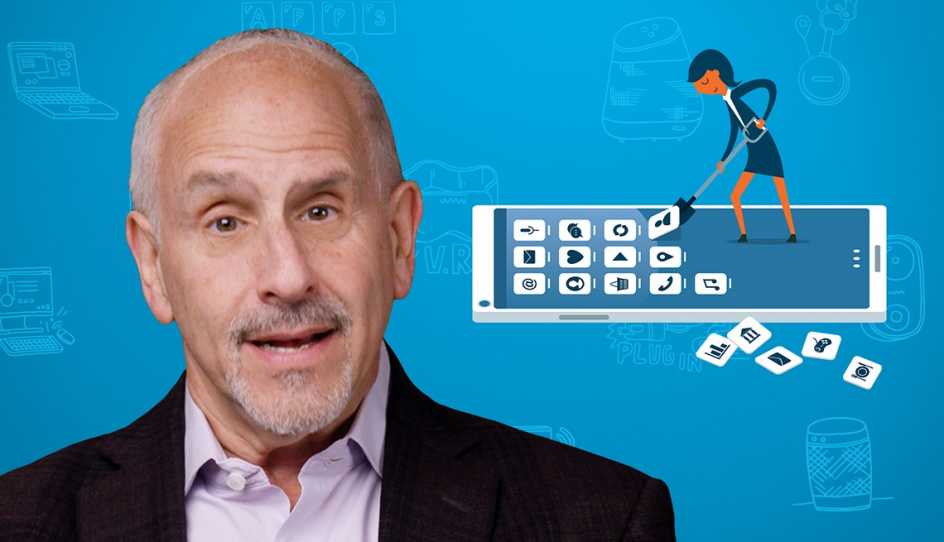 tech guru ed baig next to an illustration of a person shoveling off apps on a smartphone screen