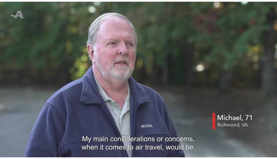 Man being interviewed about his experiences with air travel.