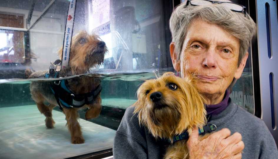 a woman holding her dog with another image of the dog going through pet therapy