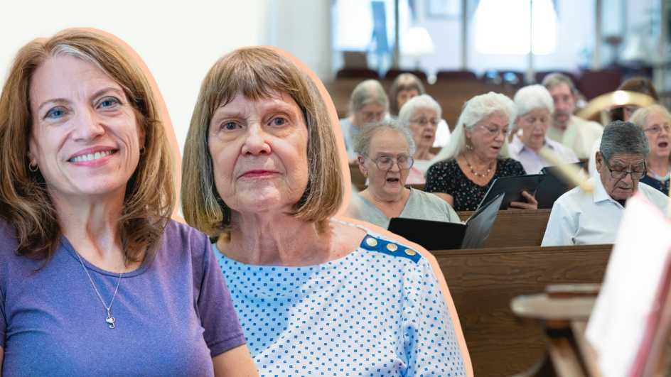 A photo shows Susan Dommer and Connie Young superimposed in front of the Forgetful Friends Choir