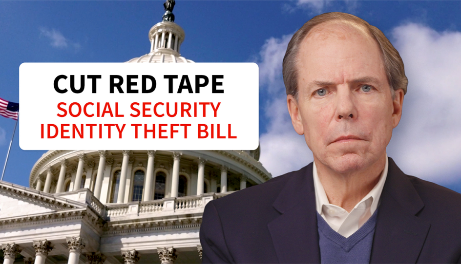 john hishta next to a text bubble that says cut red tape, social security identity theft bill
