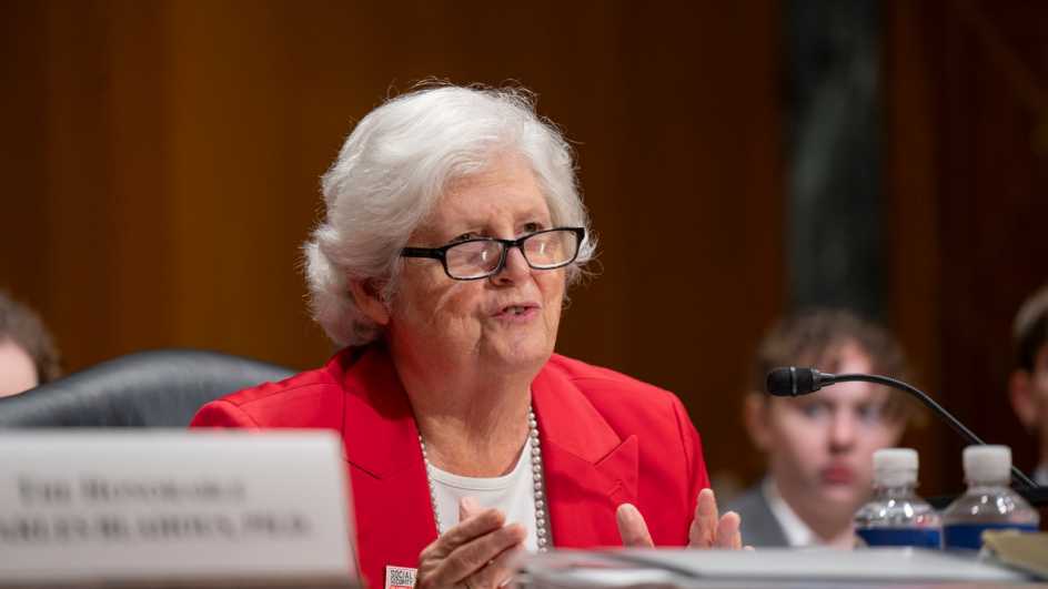 Nancy LeaMond is shown speaking at the Senate