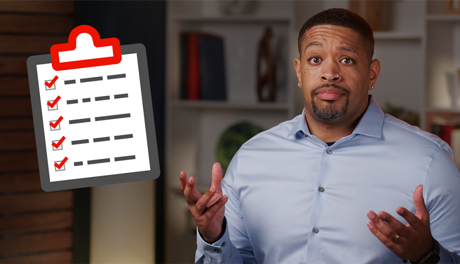A man shrugs next to a checklist