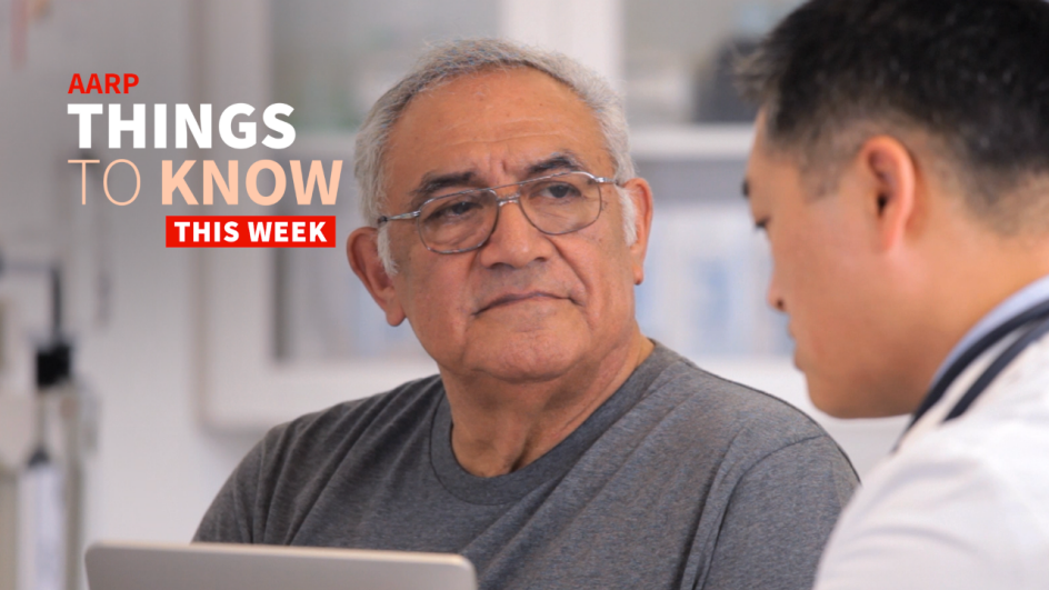 A photo shows an older adult male talking to a doctor