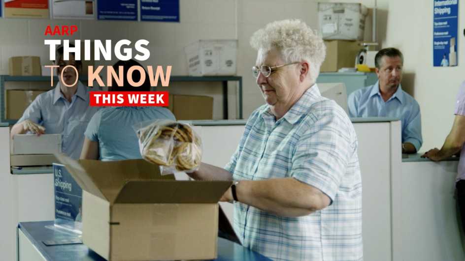 A photo shows an older adult woman at the post office, opening a box