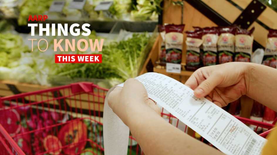 a photo shows a shopper perusing a receipt at the supermarket