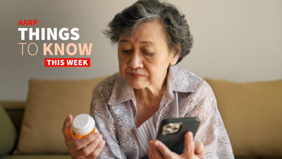 an older adult woman is shown in a photo looking at a medicine bottle and a smartphone