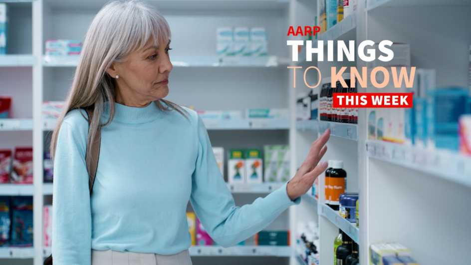 a photo shows an older adult woman perusing the shelves at a pharmacy