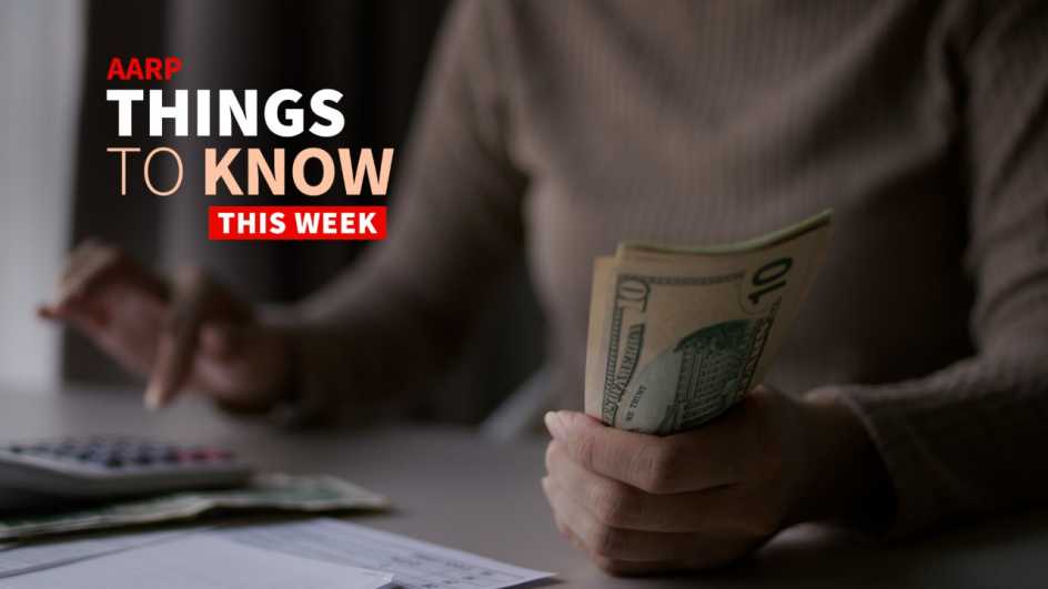 a photo shows a woman working a budget, using a calculator with one hand and cash in the other