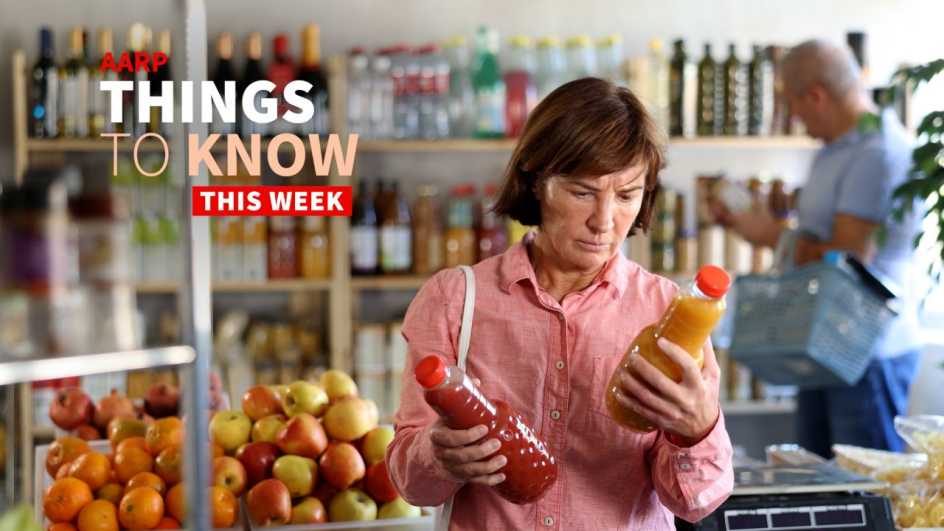 a woman is shown perusing the price of different bottles of juice at a grocery store