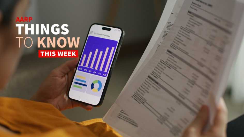 an older adult woman is shown in a photo comparing charts on her smartphone with documents that have been printed out