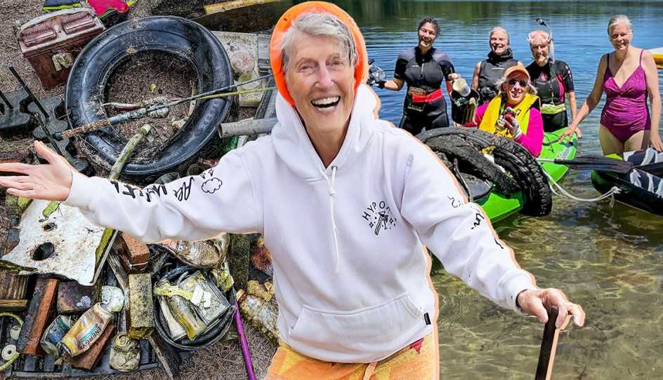 a group of women next to a body of water with piles of trash