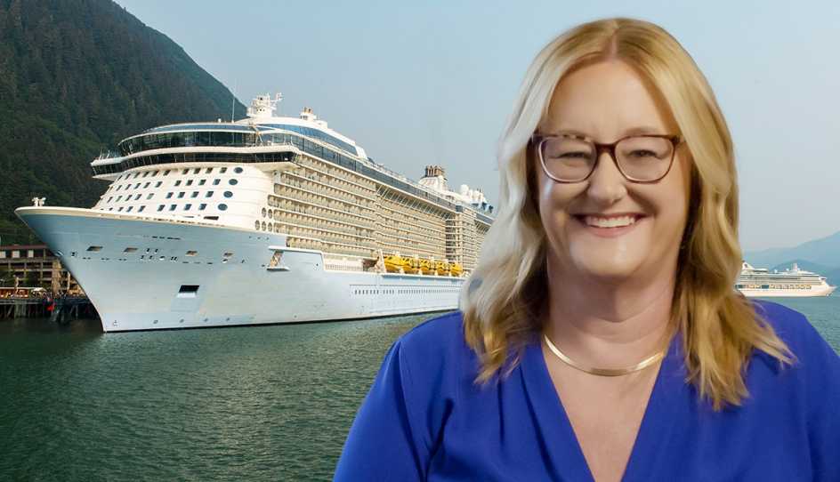 a woman with a cruise ship in the background