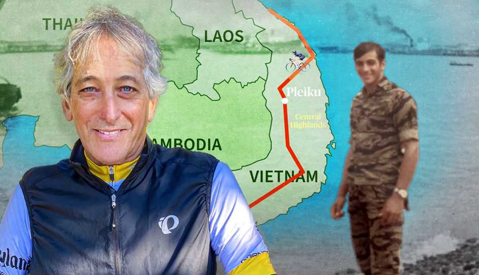 a veteran, a map of vietnam and a bicyclist