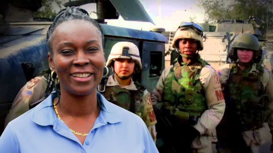 a collage showing danielle green in front of a photo of her in iraq