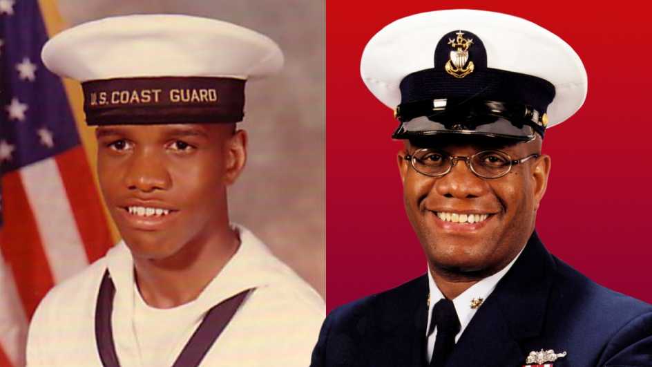 side by side photos of vince patton in coast guard uniform