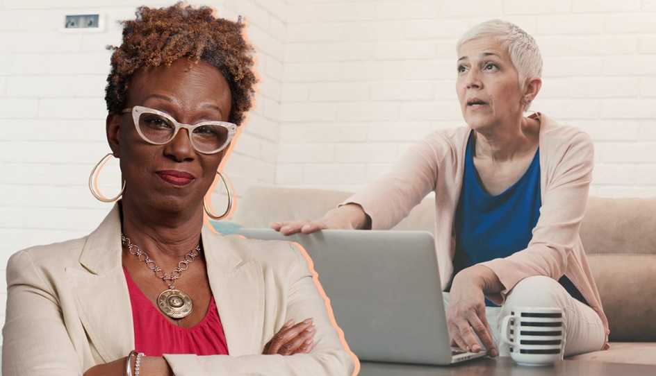 a woman sits on a couch with a laptop