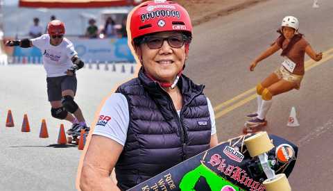Judi Oyama skateboarding a slalom race, another image of her racing when she was younger and her wearing a helmet and holding a skateboard Skateboarding Hall of Famer Judi Oyama