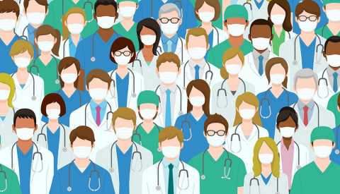 diverse group of health care workers in medical masks