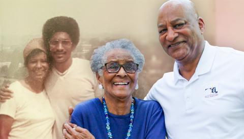 Side-by-side images of David Conway and his mother together in the past and also currently
