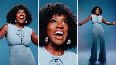 A collage with three images of Viola Davis