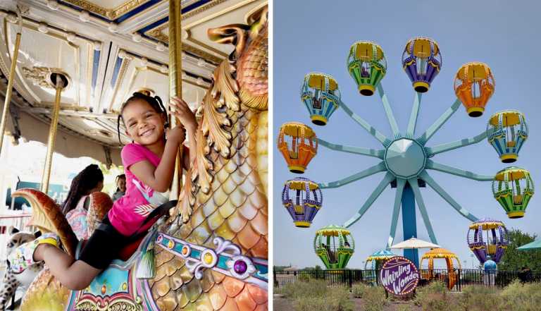 left a child on a carousel right a ferris wheel