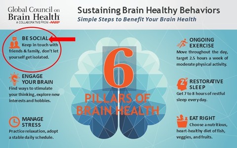 Six pillars of brain health. Sustaining brain healthy behaviors. Simple steps to benefit your brain health. Be social, engage your brain, manage stress, ongoing exercise, restorative sleep, eat right