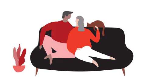 illustration of man and woman with cat sitting on black couch illustration of man and woman with cat sitting on black couch