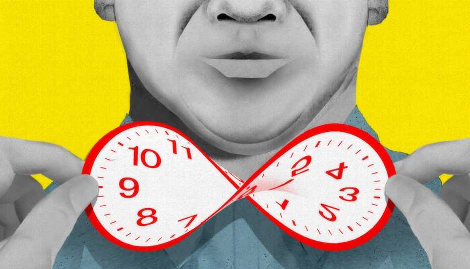 illustration of hands affixing a bowtie made out of a bent clock onto an older worker