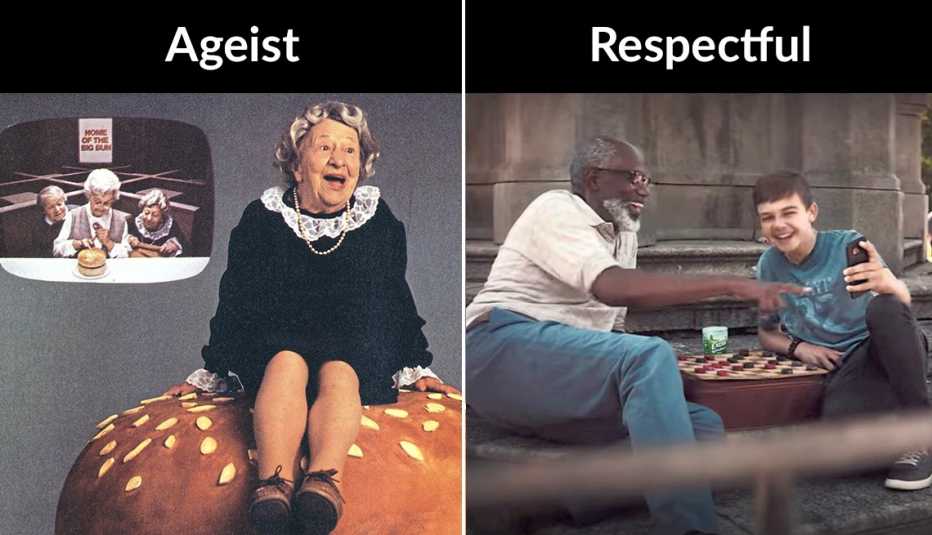 two t v ads on the left the classic wendys wheres the beef which portrayed the old woman as a caricature and the second an ad showing a more realistic and respectful portrayal of an older man friendship