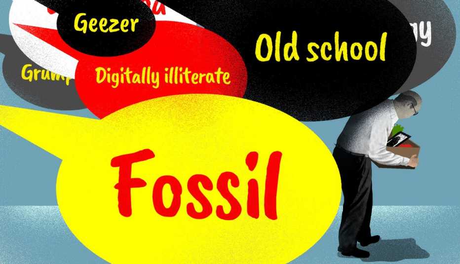 older person bent over carrying a box from cleaning out their desk leaving a job and pursued by speech bubbles that contain age related insults such as fossil and geezer
