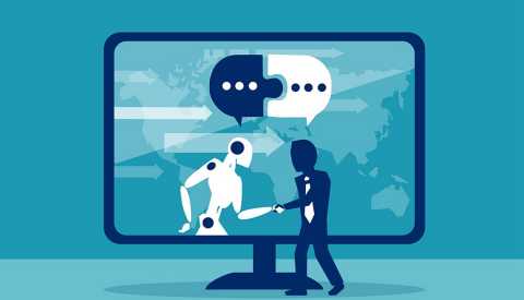 an illustration of a robot and a man with a tie on shaking hands an illustration showing a silhouette of a man wearing a tie shaking hands with a robot in a monitor on a teal background
