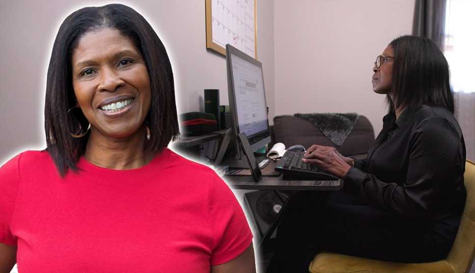 a woman is working at her computer