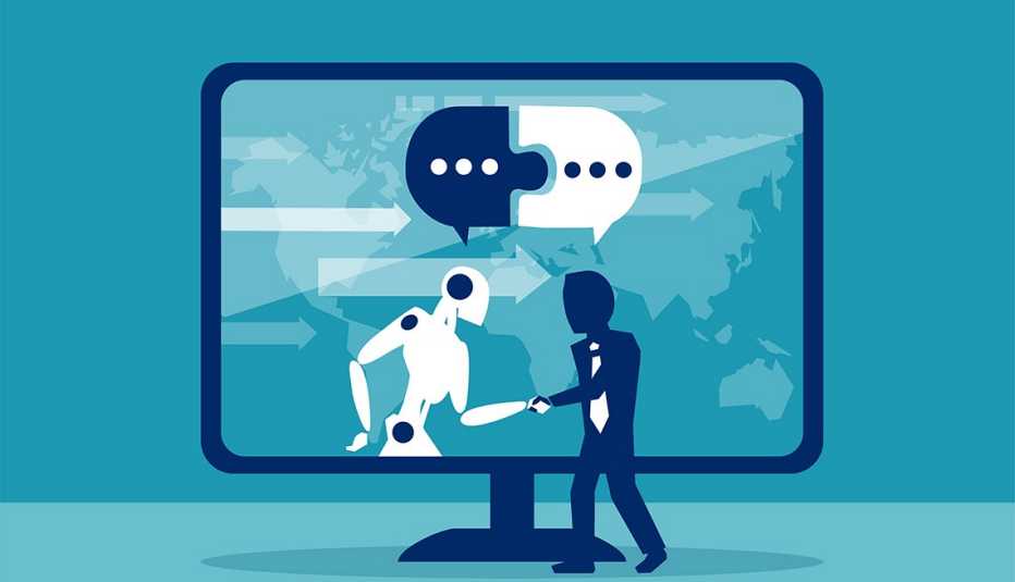 an illustration showing a silhouette of a man wearing a tie shaking hands with a robot in a monitor on a teal background