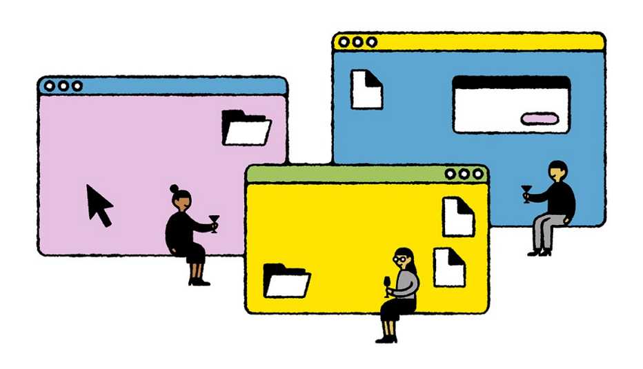 illustration of three people in front of different computer screens with files on them; each person is holding a drink