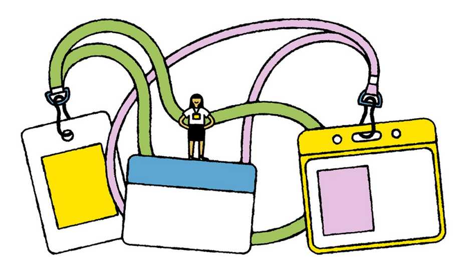 illustration of I D cards; person standing on one of them