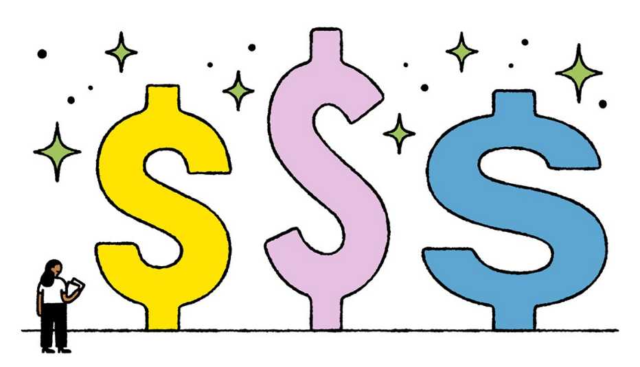 illustration of person standing in front of three giant dollar signs, one yellow, one purple and one blue; other designs surround dollar signs