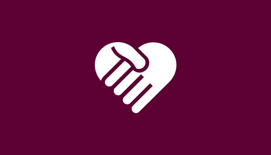 White handshake heart icon on burgundy background symbolizing lower turnover and stability from experienced workers