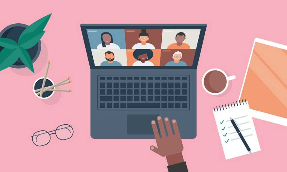 a remote worker meets with colleagues on a conference call on a laptop