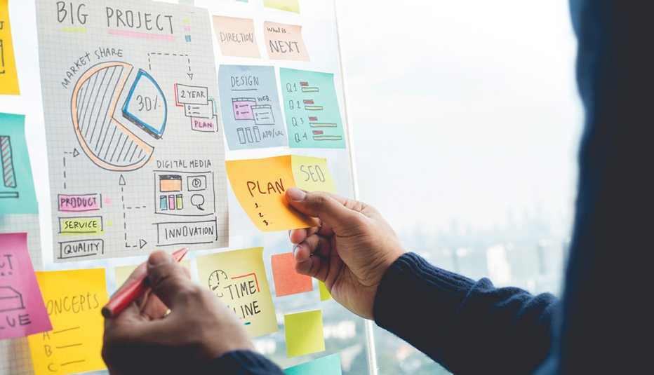 A person is writing down ideas on a board