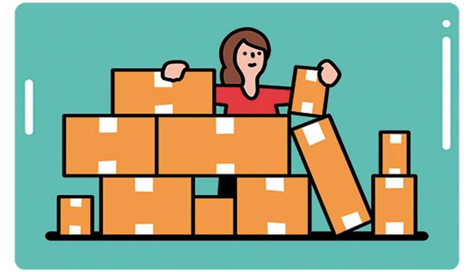 illustration of woman with a lot of packages of a product as she starts out to be a distributor