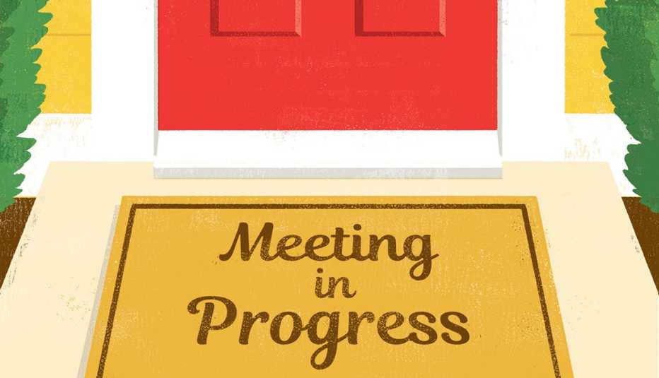illustration of a front door mat on a porch that says meeting in progress