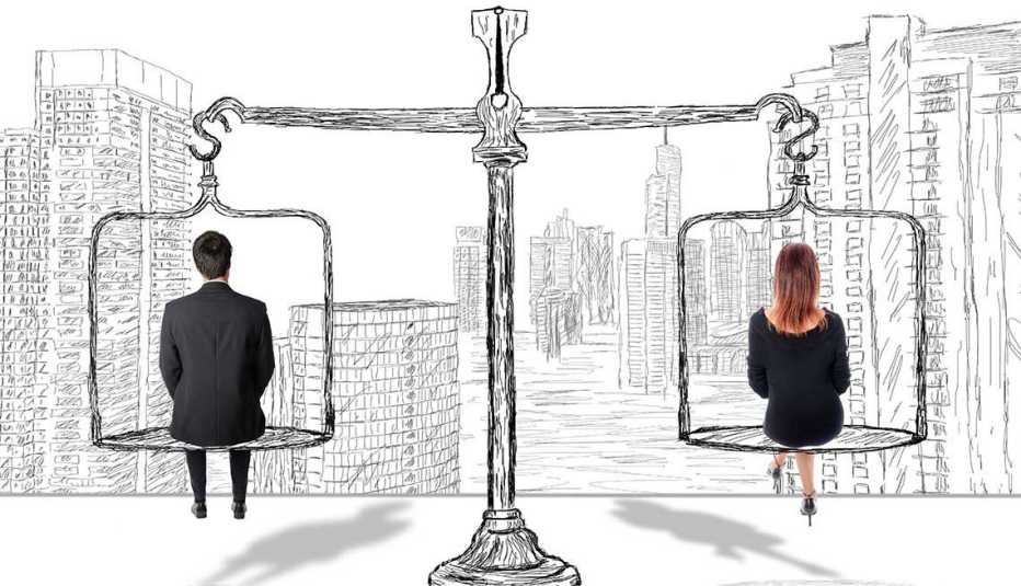 illustration of a man and a woman on a balance