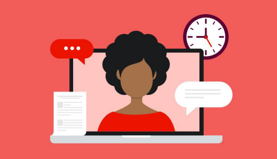 a person on a laptop screen with various icons around it