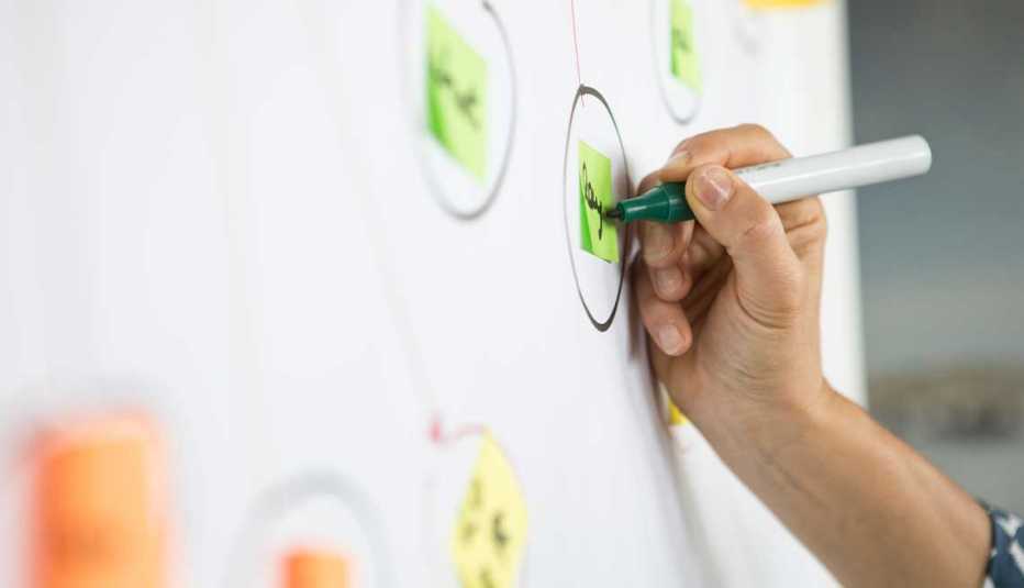 A person writing with a marker on a board