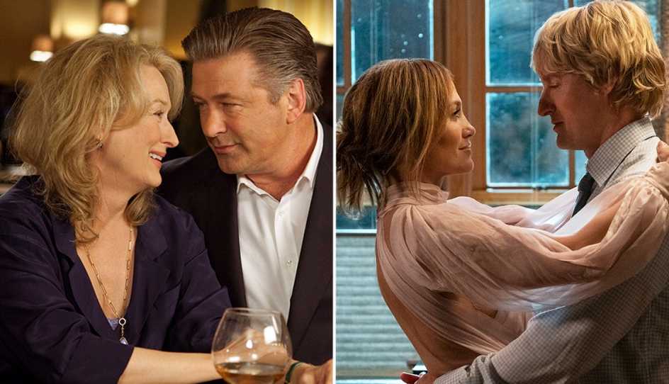 (De izquierda a derecha) Meryl Streep y Alec Baldwin en "It's Complicated", y Jennifer Lopez y Owen Wilson en "Marry Me".