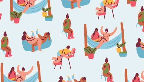Ilustración de parejas usando muebles sexuales.