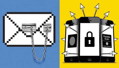 Ilustración de un sobre con una cadena de seguridad y de un teléfono bloqueado