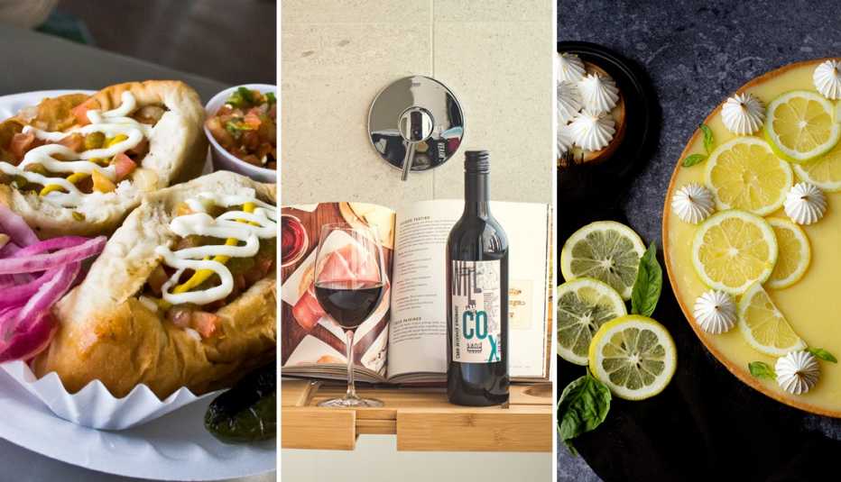 De izquierda a derecha: Sonoran Dogs en El Guero Canelo; vino servido en el Hotel Citizen y tartaleta de limón en el café Sunshine Spice
