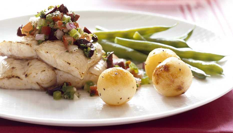Tilapia Al Pebre, Fish, Potatoes, Green Beans, AARP Food And Recipes, Healthy Fish Recipes Whitefish with salsa.